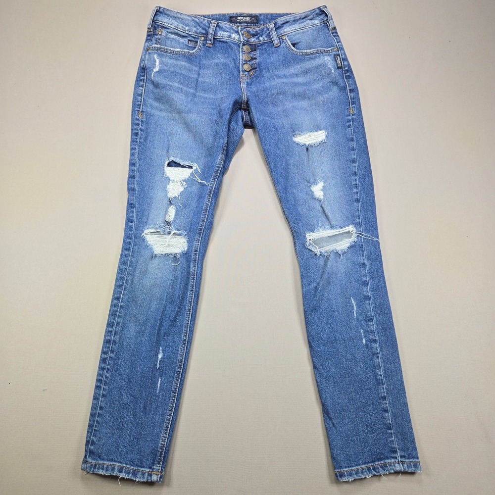 Silver Jeans Co Kenni Boyfriend Distressed Slim Blue Denim Womens W28 L27